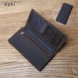 Money Clips NZPJ Vintage Leather Mens Wallet Mad Horse Leather Long Cell Phone Bag First Layer Cowhide Multi-card ID Bag L240306