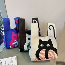 Handmade Cat Knit Handbag Women Mini Knot Wrist Bag Casual Color Tote Bag Student Reusable Shopping Bags