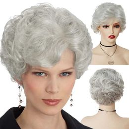 Hair Wigs Curly Wig Synthetic Short for Women Natural Grey with Bangs Cosplay Costume Old Woman Elegant Ladies 240306