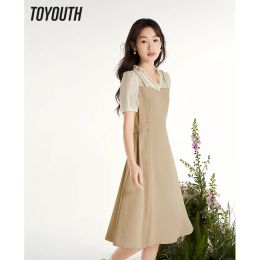 Dress Toyouth Women Fake Two Piece Dress 2023 Summer Short Sleeve Lace V Neck Ashape Adjustable Waistband Elegant Midlength Skirt