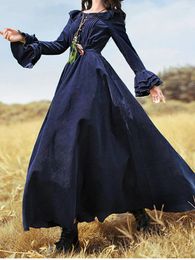 Casual Dresses French Renaissance Retro Style Elegant Woman Swing Dress Corduroy Folds Ruffles Trumpet Sleeve Mediaeval Floor-length