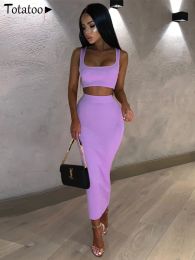Suits Totatoop Rib Knit Two Piece Set Dress Women 2023 Summer Neon Vest Crop Top and Maxi Skirt Suit Sexy Club Party Long Dress