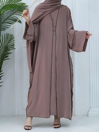 Ethnic Clothing Eid 2 Piece Muslim Woman Set Crepe Open Abaya With Sleeveless Inner Dress Islamic Sets Dubai Turkey Ensembles Musulmans