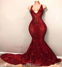 Red Blingbling Sequins Prom Dresses Sleeveless Mermaid Plunging V Neck Black Girl Prom Dresses Evening Party Gowns BA77795043059