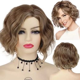 Hair Wigs Synthetic Short Bob Side Parting Wig for Women Mix Brown Curly Wave Daily Cosplay Halloween Party Mommy 240306