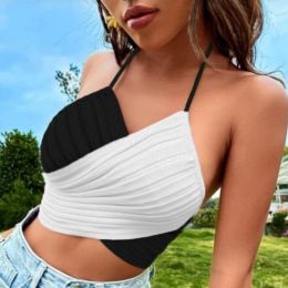 Camis Summer Women Sexy Cross Halter Knitting Camis New Fashion Female Clothing Black White Contrast Sweet Short Crop Top Tanks 2023