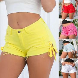 Women's Shorts Summer Denim Women Side Lace-Up Pants Retro Ripped High Waist Solid Pockets Casual For