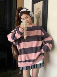 Women's Blouses Shirts Striped contrasting hoodie for women in spring 2024 new Korean loose college style pullover loose long sleeved top 240306