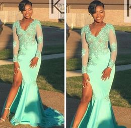 African New V Neck Mint Green Arabic Evening Dresses Wear Long Sleeves Side Split African Mermaid Formal Prom Party Gown 20209907521