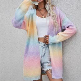 Autumn vintage cardigans winter womens sweater pockets rainbow tie-dye mid-length cardigan knitted sweater jacket 240228