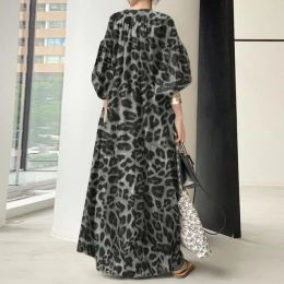 Dress Lady Oversized Dress Bohemian Style Leopard Print Maxi Dress Stand Collar Oversized Fit Half Sleeve for Fall Spring Soft Maxi