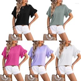 Women's T Shirts Womens Summer Short Sleeve Neck Casual Loose Top Layered Ruffle Sleeves Jacquard Knit Solid Color Blouse T-Shirts