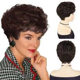 Hair Wigs Synthetic Curly Wig for Women Daily Dark Brown with Bangs Short Ladies Natural Fake Heat Resistant 240306