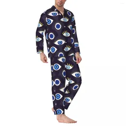 Men's Sleepwear Pyjamas Men Evil Eye Print Daily Nightwear Protect Me Two Piece Vintage Pyjama Set Long Sleeve Cute Oversized Home Suit