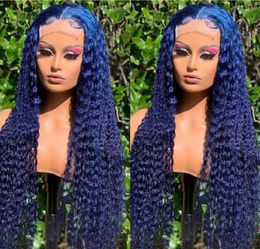 Dark Blue Curly Lace Front Brazilian Human Hair Wigs For Women Synthetic Frontal Wig With BabyHair Cosplay Party284B56282466435553