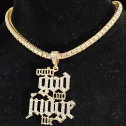 Pendant Necklaces Men Women Hip Hop Only God Can Judge Me Necklace with 4mm Tennis Chain Iced Out Bling Hiphop Fashion Jewellery 230613