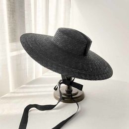 Large Brim Wheat Straw Hat Summer Hats For Women 10cm 15cm 18cm Brim With Black&White Ribbon Beach Cap Boater Flat Top Sun Hat Y20246n