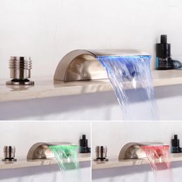 Bathroom Sink Faucets SKOWLL Waterfall Bathtub Faucet Widespread Roman Tub 3 Hole With LED Light Polished Chrome