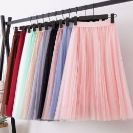 skirt TingYiLi 4 Layers Tulle Skirts Womens Black Gray White Adult Tulle Skirt Elastic High Waist Pleated Midi Skirt