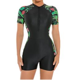 Swimwear Womens Short Sleeve Swimsuit Rash Guards Wetsuit Floral Print Zipper Surfing Diving Swimming Jumpsuit Swimwear Bathing Suit