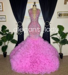 Pink Sparkly Mermaid Prom Formal Dresses for Women 2024 Luxury Diamond Crystal Ruffles Skirt Birthday Evening Gala Gown