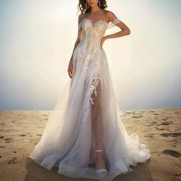 Fora do ombro praia vestidos de casamento rendas apliques fenda uma linha longa tule boho vestidos de noiva sem costas sexy verão robe de mariee tribunal trem 2024