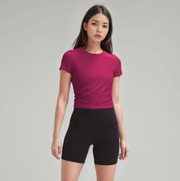 Womens Yoga T-shirt Summer Top Ribber Round Collar Short Sleeve All it takes Elastic Breathable Sports Fitness Solid Color Lululemeni