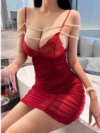 Lingerie Sexy And Spicy Deep Vshaped Pearl Chain Suspender Mature Charm Transparent Backless Pleated Gauze Tight Dress PSZZ 240304