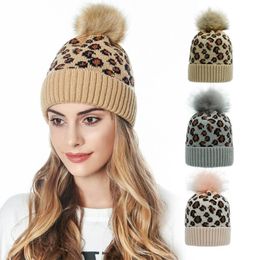 New Autumn Womens Beanie Warm Winter Leopard Print Wool Knit Hat Plain Ski Pom Wooly Cap248D