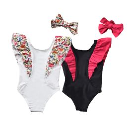 Swimwear 2022 Summer Baby Girls Lace Swimsuit With Headband 2 pcs Cute Ruffles Toddler Kid Bow Swimming Bodysuit Girl Beachwear