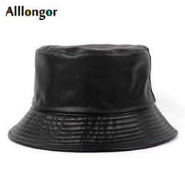 2021 Reversible France Black Leather Folding Women's Bucket Hat Women bob Fishing Hats fisherman Cap Men gorros pescador hip 237O