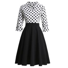 Dress Winter Cotton Women Rockabilly Dress Retro 50s 60s White Black Polka Dot Print Sundress Patchwork 3/4 Sleeve Pin Up Swing Jurken