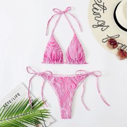 Set Pink Striped Micro Halter Triangle Bikinis Set Thong Swimsuits Women Swimwear String Biquinis Swimming Suit Bikinis 2024 Mujer