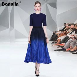 Suits 2022 Spring Summer Runway Knit 2 Pieces Skirt Suit Women Summer Blue Sweater Tops and Gradient Color Chiffon Pleated Skirt Set