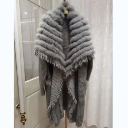 Fur Women Plus Size Knitted Fox Fur Coat Female Loose Autumn Long Sleeve Knitted Overcoat European Elegant Woolen Coats