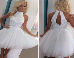 White New Major Beading Homecoming Dresses Short Keyhole Back Prom Dresses A Line High Neck Party Dresses Formal Evening cocktail 7396623