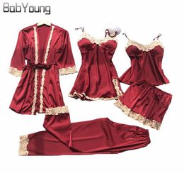 BabYoung 2018 Summer Women Silk Bride Robe Tops Shorts Pajamas Sexy Long Sleeve Wedding Robes Set Camisole Lace Nightwear 5 PCS3035455