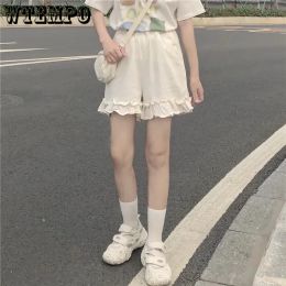 Shorts WTEMPO Women Black White Shorts Girls Chic New Casual Sweet Japanese Preppy Style Elastic High Waist Ruffle Wide Leg Short Pants