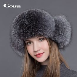 Gours Fur Hat for Women Natural Raccoon Fox Fur Russian Ushanka Hats Winter Thick Warm Ears Fashion Bomber Cap Black New Arrival L323Q