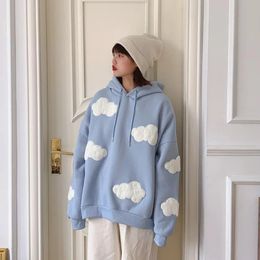 Autumn Winter Women Blue white cloud Hoodie Thick Warm Female Fleece Hoodies Oversize Sweatshirt Top Ladies Hooded Top coat 240301