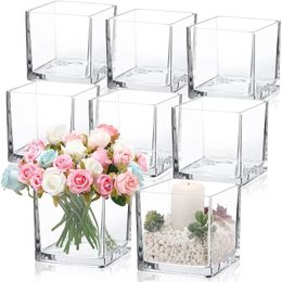 8 Pieces Square Glass Vase 6X 6 X Inch Clear Cube Wedding Flower Floating Candle Holders Home Decoration Room Decor 240301