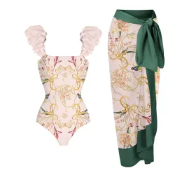 Swimwear Fashion Floral Colorblock Print Onepiece Swimsuit Set with Skirt Tight Women's Bandage Green Summer Beach Wear 2023
