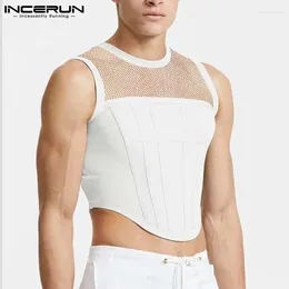 Men's Tank Tops Men Mesh Patchwork O-neck Sleeveless Streetwear Transparent Vests 2024 Party Nightclub Sexy Crop S-5XL INCERUN