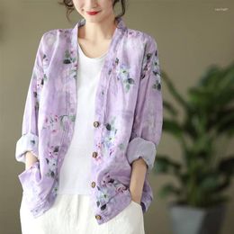 Women's Blouses Autumn Floral Cardigans Vintage Print Long Sleeve Shirt Womens Single-Breasted Purple Ramie Tops And Ladies Clothes