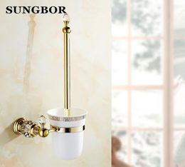 Luxury Golden European style Brass Crystal Toilet Brush HolderGold Plated Toilet brush Bathroom Products Bathroom Accessories Y201661896