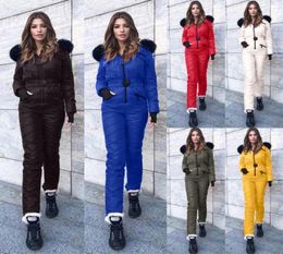 Skiing Suits Fashion One Piece Ski Suit Women Jackets Winter Hooded Parka Jumpsuit Snowboarding Bodysuit Sashes Zipper Overalls Tr6658389