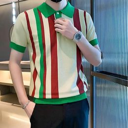 Casual Slim Stretch Knitted Polo Shirts Men Luxury Striped Patchwork Knitting Tops Summer Short Sleeve Button Lapel Mens T Shirt 240227