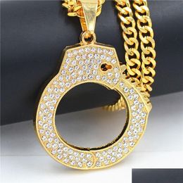 Pendant Necklaces Hip Hop Handcuffs Gold Pendants Bling Iced Out Crystal Stainless Steel Rope Chain Drop Delivery Jewelry Dhcxe