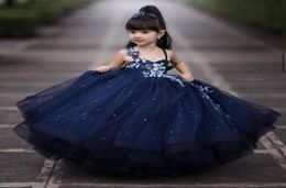 2021 Navy Blue Lace Flower Girl Dresses Beaded Spaghetti Ball Gown Tulle Lilttle Kids Birthday Pageant Weddding Gowns2387016