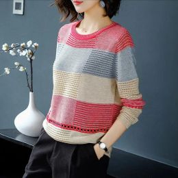 Pullovers Fashion Hollow Out Patchwork Jumpers Casual Female Clothing Long Sleeve Spring Autumn Colour Commute Round Neck Knitted Sweaters